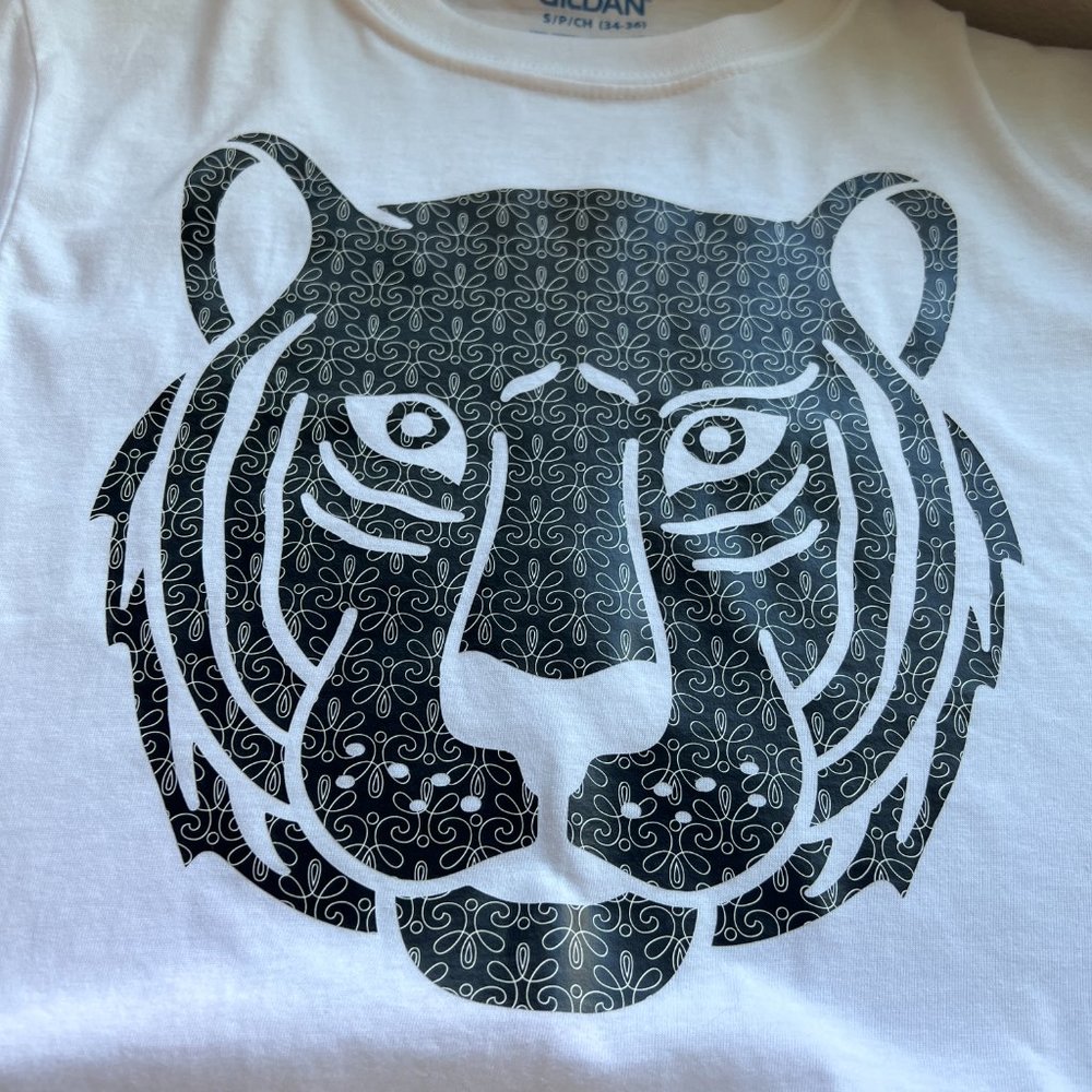 Custom t-shirt. Black tiger image on white shirt